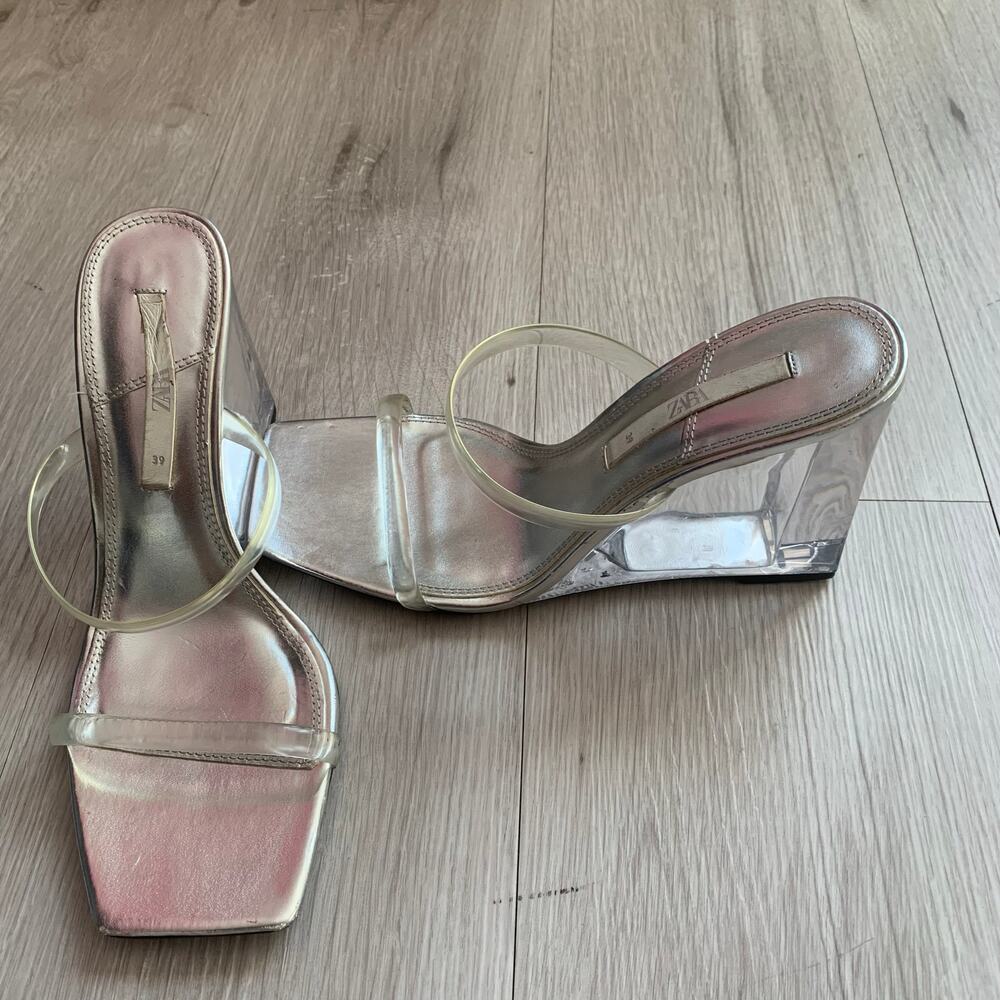 Zara Silver Chunky Methacrylate Wedge Sandals Size 39/8.5